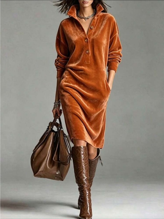 Dresses & Skirts - Luxe Velvet Button-Front Pocket Dress Burnt Orange